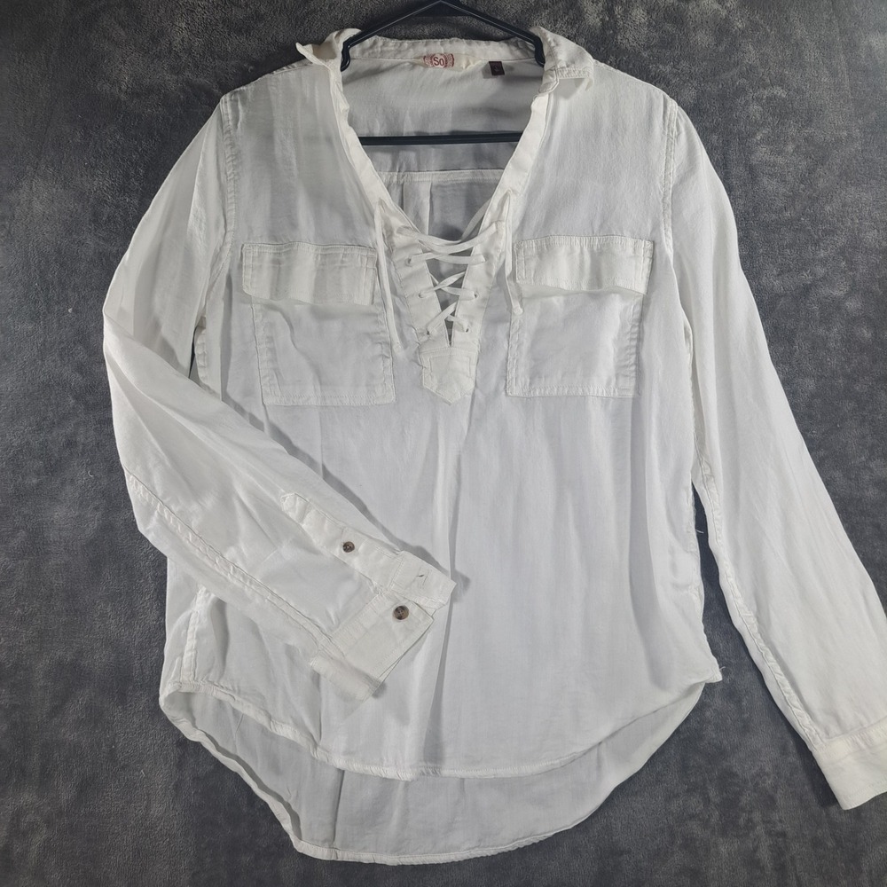 SO White Lace Up V-Neck Long Sleeve Blouse Top Large Boho Casual Utility